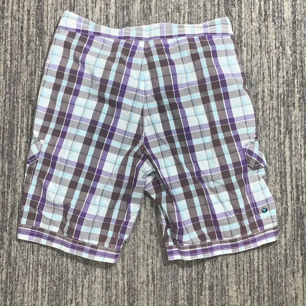 Old Navy Mens Size Large Cargo Swim Shorts Purple Cream‎ Plaid Tie Beach Summer